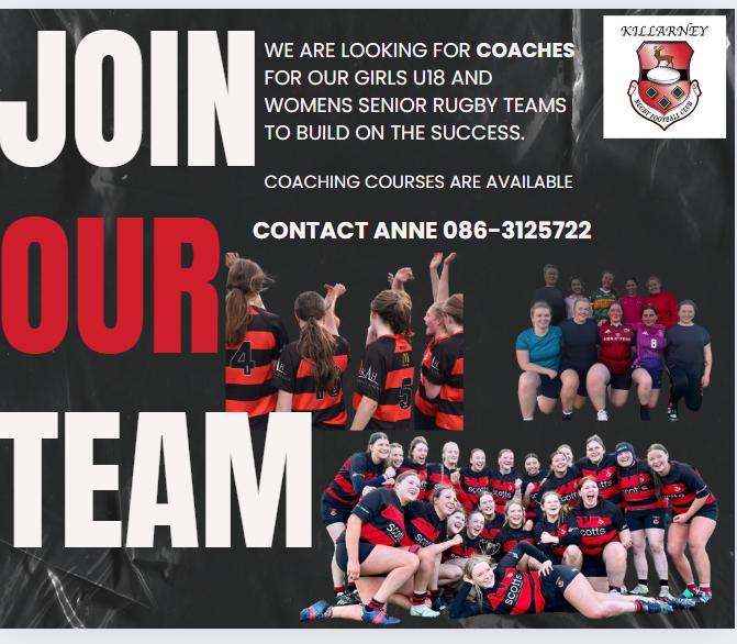KillarneyRFC's tweet photo. Killarney RFC has a great coaching opportunity. Our female section of the club is expanding, and we are currently seeking coaches for our u18 girls and senior women's teams.
Contact Anne on 086 3125722
#killarneyrfc #blackandredarmy #killarneyrfcgirlsrugby #killarneyrfcladies https://t.co/FA5FhXC3E0