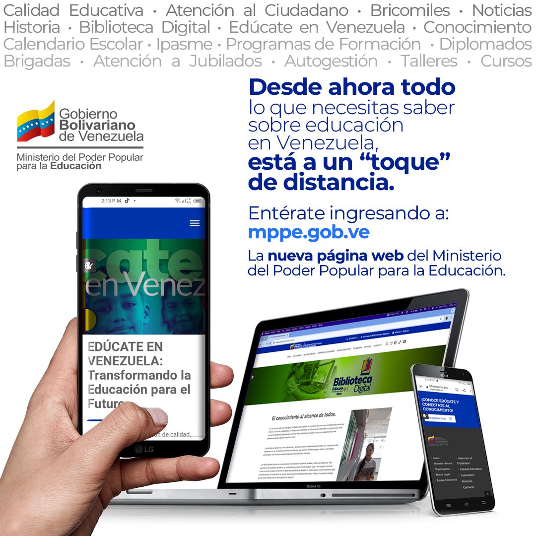 #AfirmativosYPaLante
¡Atención! Tenemos nuevo sitio web

Para garantizar el acceso fácil y rápido a toda nuestra información, presentamos al gremio venezolano y a la comunidad educativa este moderno recurso digital. 

Visítanos aquí: mppe.gob.ve
<a href="/NicolasMaduro/">Nicolás Maduro</a>