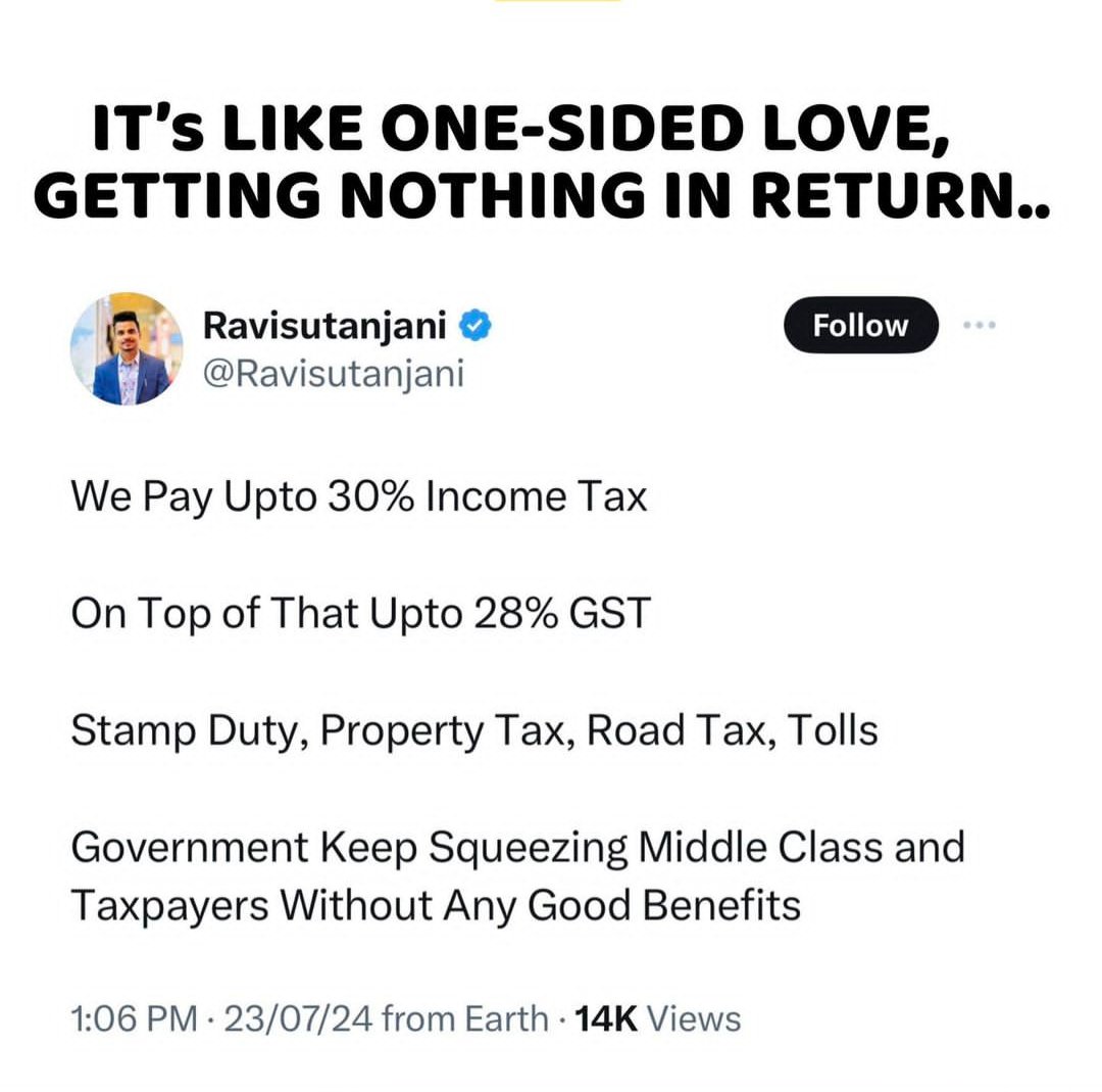 RjVyshak's tweet photo. Shldn't someone hit on the govts head and say that Ambani spent so much where is the tax for that.
This is ridiculous.
No justice for Indian Middle Class People.
#ShameOnBJP #GST
#Budget2024 #Budget2024 https://t.co/EWzZGD93ur