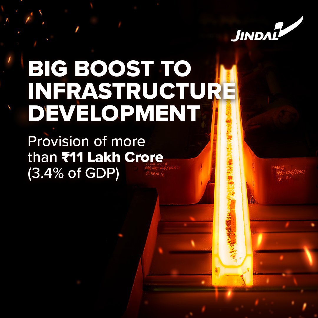 JindalSteel_In's tweet photo. Notable Takeaways from the Union Budget 2024-25 📈

With a strategic move of complete customs duty exemption on 25 critical minerals, including nickel, production costs for steel are set to significantly decrease. This will support domestic manufacturing and enhance export competitiveness. 

Additionally, with an impressive ₹11 Lakh crore allocated for infrastructure, representing 3.4% of GDP and ₹2.66 lakh crore dedicated to rural development, including vital rural infrastructure, the Steel Industry is poised for accelerated growth and progress.

#UnionBudget2024 #UnionBudget