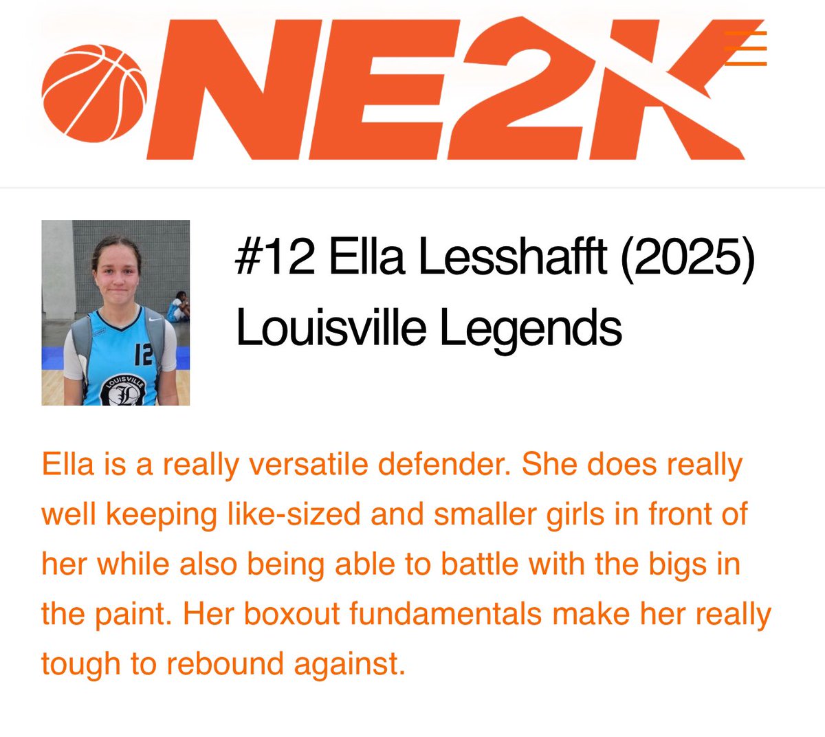 LvilleLegendGBB's tweet photo. 2025 Ella Lesshafft (@ella_lesshafft ) received a write up from @NE2KHoops during the @Ohio_Basketball National Championship 🧱X🧱 #WeMadeUs
@alyxwhite_ @PGHAkeem @PGHKentucky @KyPrephoops @RocketSportsAHS @riseupsports1 @Coach__C_ https://t.co/tnK5xTAN5M
