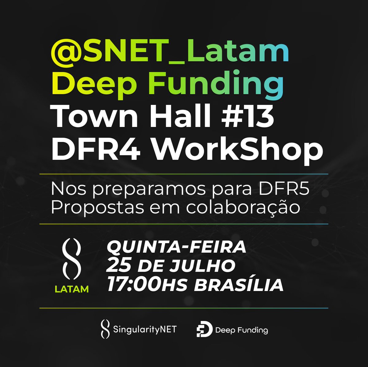 📅 Participe nesta Quinta-feira 25 de julho
⏰ 20h UTC / 17h Brasília

Ao vivo com <a href="/MariaCarmo369/">Maria Carmo</a> 
<a href="/SNET_Latam/">SingularityNET LatAm Community</a> <a href="/SingularityNET/">SingularityNET</a> <a href="/DeepFunding/">DEEP Projects</a> Brasil
Town Hall #13 WorkShop / Preparamo-nos para DFR5 - 'Propostas colaborativas'

Inscreva-se e participe 👇
lu.ma/hkfnfbsq