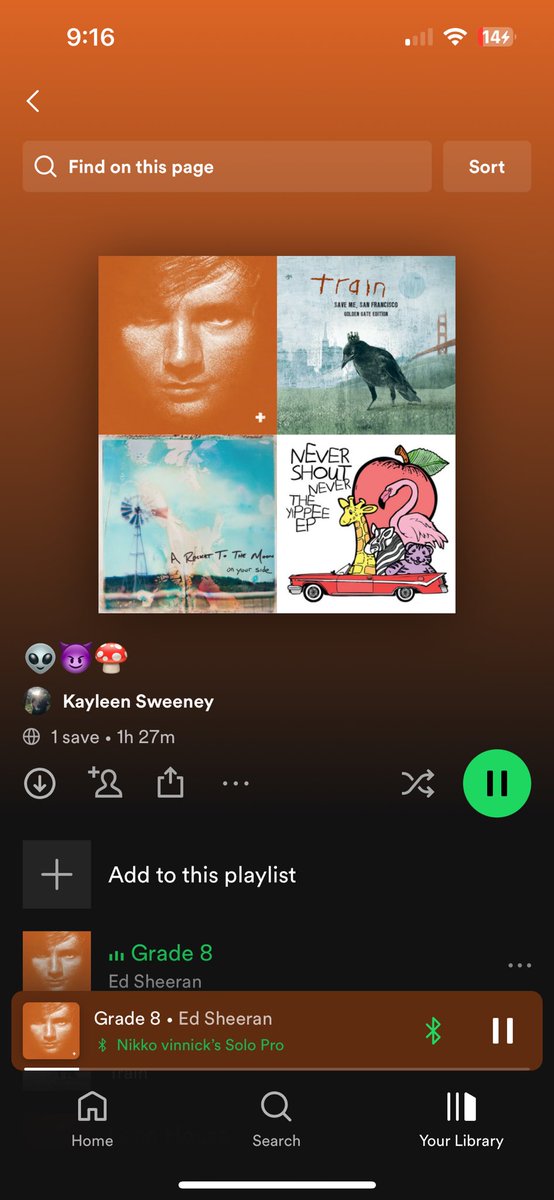 ksweezzey's tweet photo. Trying to understand my headspace 11 years ago when I made this Spotify playlist that ONLY has a single Ed Sherran, nevershoutnever, A Rocket to the Moon, and Train album on it. https://t.co/IfJyJg3Hxv