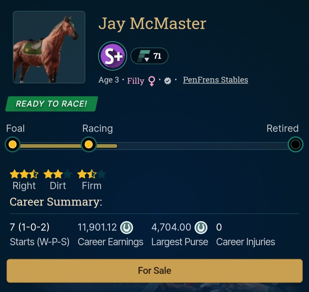 On Sale for 400k DERBY! Race or breed? Maybe both?

DMs open

<a href="/photofinishgame/">Photo Finish™ LIVE 🌹 🐎 Virtual Horse Racing</a> 

photofinish.live/horses/5a78067…