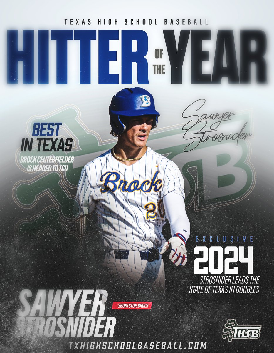 TxHSBaseball (@txhs_baseball) on Twitter photo THSB names Brock Sr OF Sawyer Strosnider as the Texas High School Baseball Hitter of the Year
<a href="/sawyerstro/">Sawyer Strosnider</a> <a href="/BrockEaglesBSB/">Brock Eagle Baseball</a> <a href="/3ATxHsBaseball/">3ATxHsBaseball</a> THSB names Brock Sr OF Sawyer Strosnider as the Texas High School Baseball Hitter of the Year
<a href="/sawyerstro/">Sawyer Strosnider</a> <a href="/BrockEaglesBSB/">Brock Eagle Baseball</a> <a href="/3ATxHsBaseball/">3ATxHsBaseball</a>