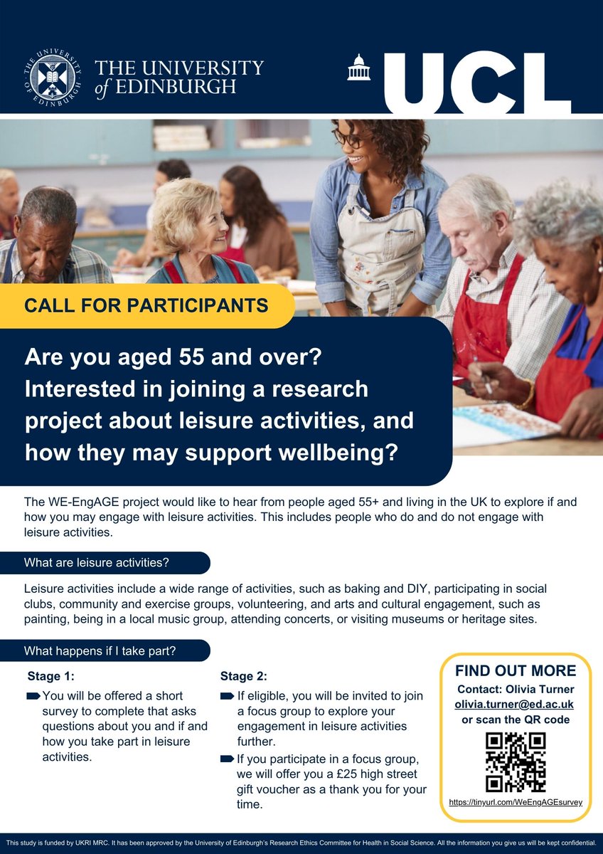Are you aged 55+? Interested in supporting new research? We are exploring the role of leisure activities (e.g., clubs, arts, culture, sports) &amp; wellbeing and are looking for participants! Find out more tinyurl.com/WeEngAGEsurvey

#research #wellbeing #leisure <a href="/UCL_SBB/">Social Biobehavioural Research Group</a> <a href="/EdinUniHealth/">School of Health in Social Science</a>