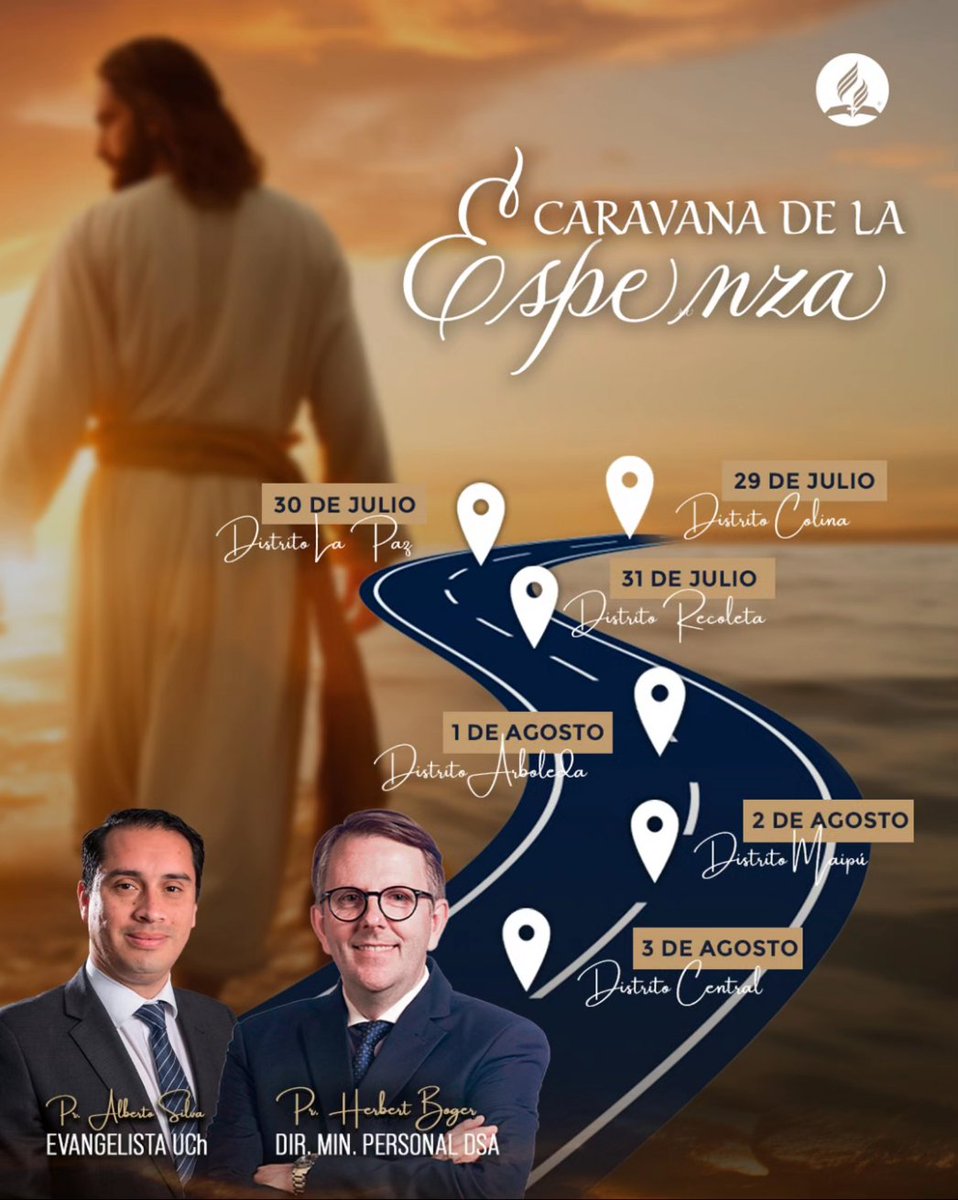 🗓️ ¡Únete a nuestra Caravana de la Esperanza del 29 de julio al 3 de agosto en la Asociación Metropolitana! Con el Pr. Herbert Boger y el Pr. Alberto Silva. Ven y renueva tu fe y esperanza en Cristo. 🕖 ¡Te esperamos!
