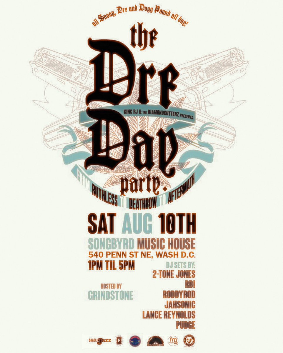 SongbyrdDC's tweet photo. JUST ANNOUNCED!! The Dre Day Party 8/10 from 1-5 pm!! All Snoop, Dre and the Dogg Pound all day long!

$5 early Byrd tix are ON SALE NOW through this Friday so grab now before the price goes up!

TIX > https://t.co/wGqkXe1pos https://t.co/pXroxDYdme