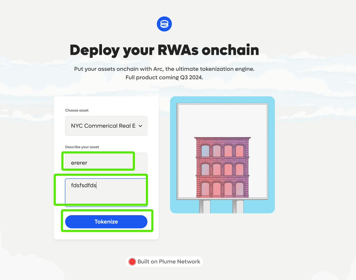 融资$1000w Plume Network 来新任务了🔗https://t.co/VSHgTwJQSm ☄️ Plume  Arc：发行资产，获取miles 点进去随意输入字母➡️点击【tonkenize】即可完成任务💥 Cultured：猜涨跌，获取miles  点击【UP】或者【down】➡️点击【place guess】即可完成任务