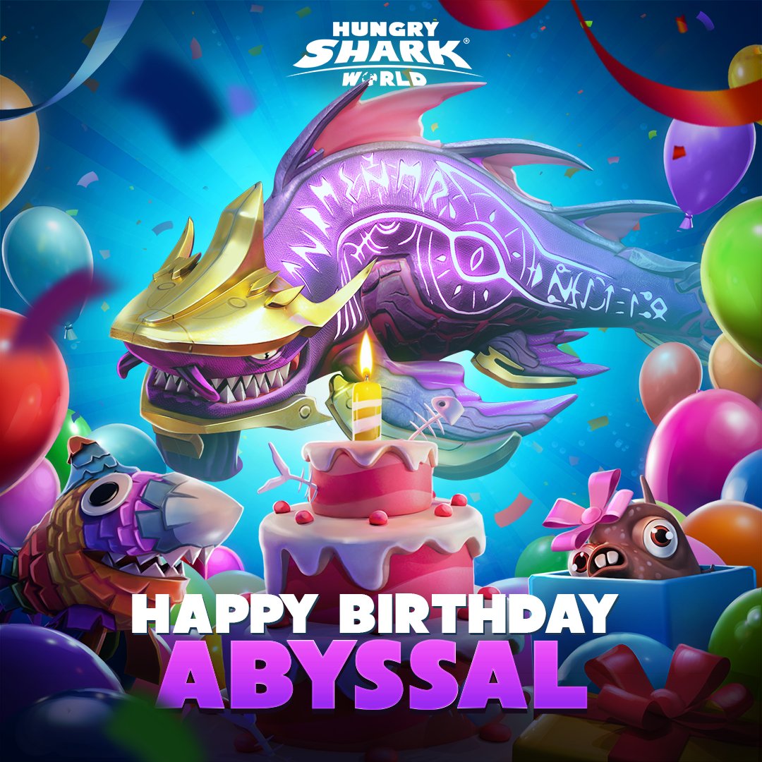 Today we celebrate the Abyssal Shark's birthday with a special limited  discount 🎂 Swim into #HungrySharkWorld to join the festivities #HSW, image size:1080x1080