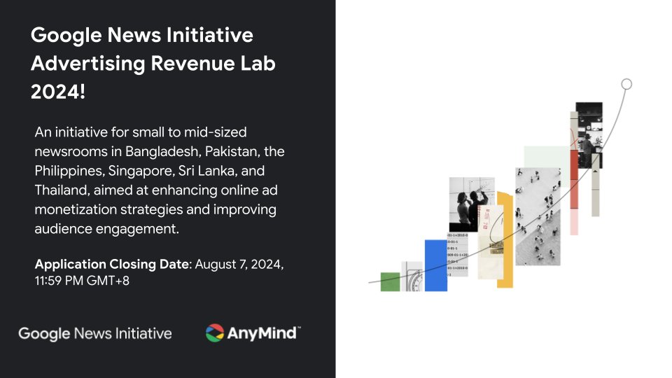 Google News Initiative (@googlenewsinit) on Twitter photo Are you a news organization looking to strengthen your digital advertising revenue?
The <a href="/GoogleNewsInit/">Google News Initiative</a> Advertising Revenue Lab 2024 will provide workshops and technical support to select newsrooms looking to enhance (cont) spklr.io/l/6016SAEM Are you a news organization looking to strengthen your digital advertising revenue?
The <a href="/GoogleNewsInit/">Google News Initiative</a> Advertising Revenue Lab 2024 will provide workshops and technical support to select newsrooms looking to enhance (cont) spklr.io/l/6016SAEM
