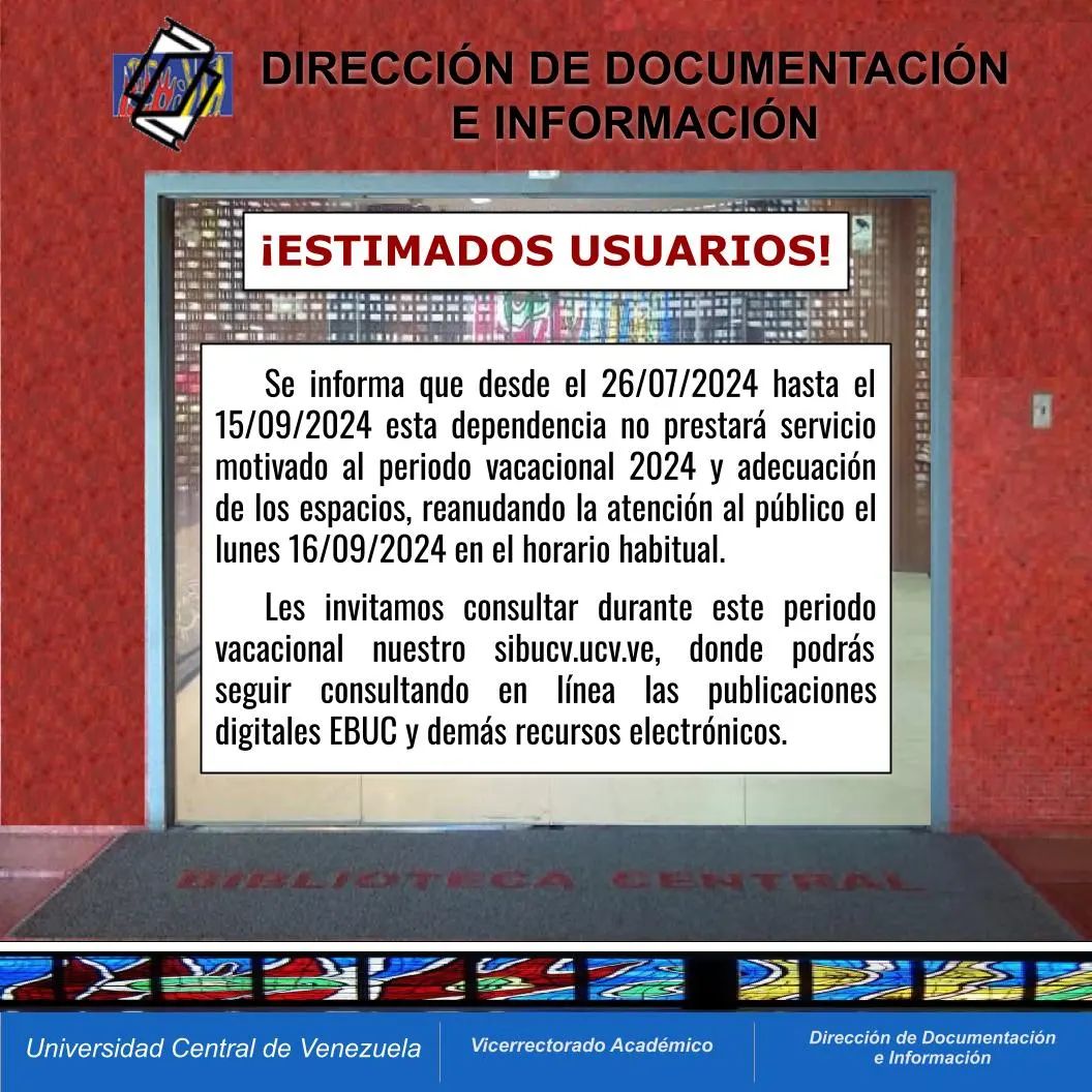¡Estimados usuarios!

Se  informa que desde el 26/07/2024 hasta el 15/09/2024 ésta Dependencia no  prestará servicio, motivado al periodo vacacional 2024 y adecuación de  los espacios, reanudando la atención al público el lunes 16/09/2024 en el horario habitual.