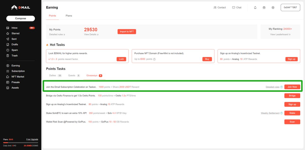 🥳Hi Dmailers,

🎁A $50,000 prize pool celebrating the 3rd phase of the Dmail SubHub has launched on the Giveaway Section!

✅Join the Taskon event from the Giveaways Section &amp; Dmailers who hold more than 1,000 Points will get a further 1,000 Points as a reward!

👉🏻Join now: