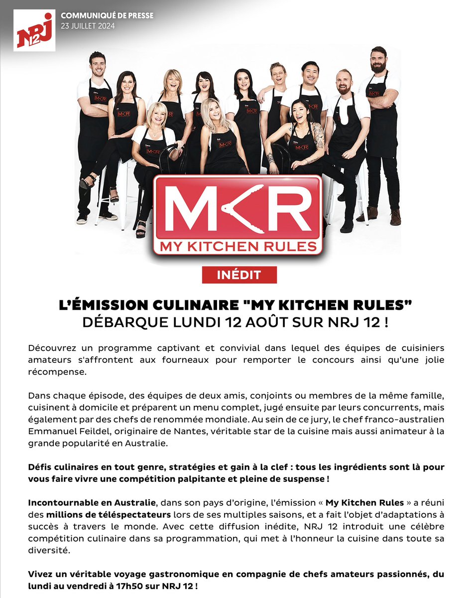 wecastmedia's tweet image. 📺🧑🏻‍🍳#NRJ12 se lance à son tour dans les émissions culinaires en proposant dès le lundi 12 août à 17h50, du lundi au vendredi, #MyKitchenRules !