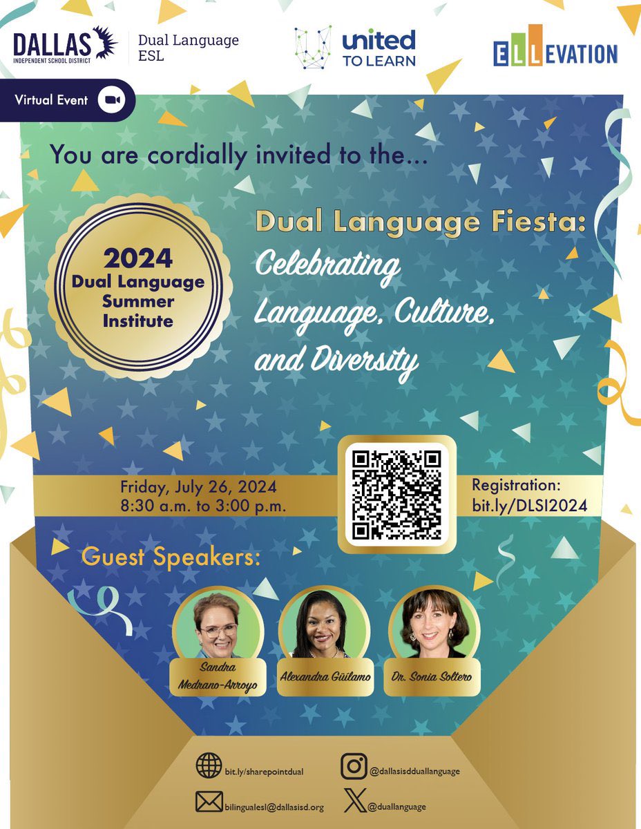 duallanguage's tweet photo. The countdown is on! Just 3 days until the 2024 Dual Language Summer Institute on July 26! 🎉Join us to celebrate language, culture, and diversity with amazing guest speakers!!
Register now at https://t.co/Yq54t2KoIt. #DLSummerInstitute https://t.co/SmpXNQ7uA5