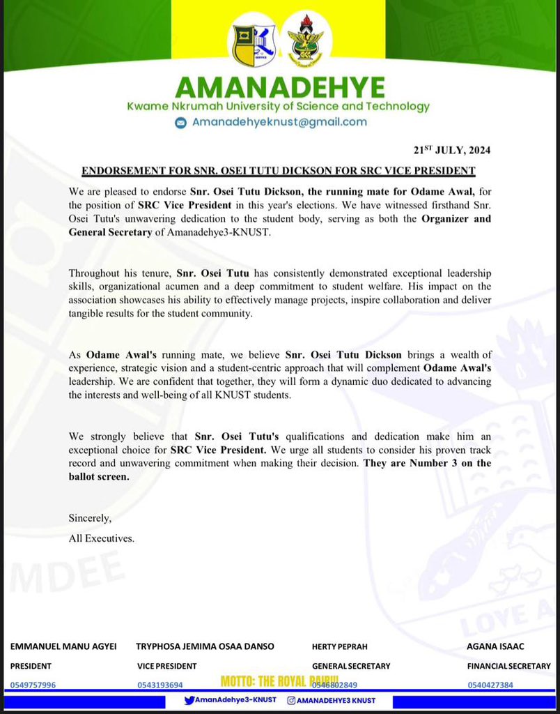 <a href="/AmanAdehyeKNUST/">AmanAdehyeɛ-KNUST</a>  The Amanadehye KNUST wing endorses <a href="/Odame_Awal/">THE ODAME AWAL 🇬🇭</a> X <a href="/OseiTutuDickson/">Osei Tutu Dickson</a> in their SRC presidential bid. 
VOTE NUMBER 3
Vote for WORK AND STUDY
VOTE FOR ODAME AWAL