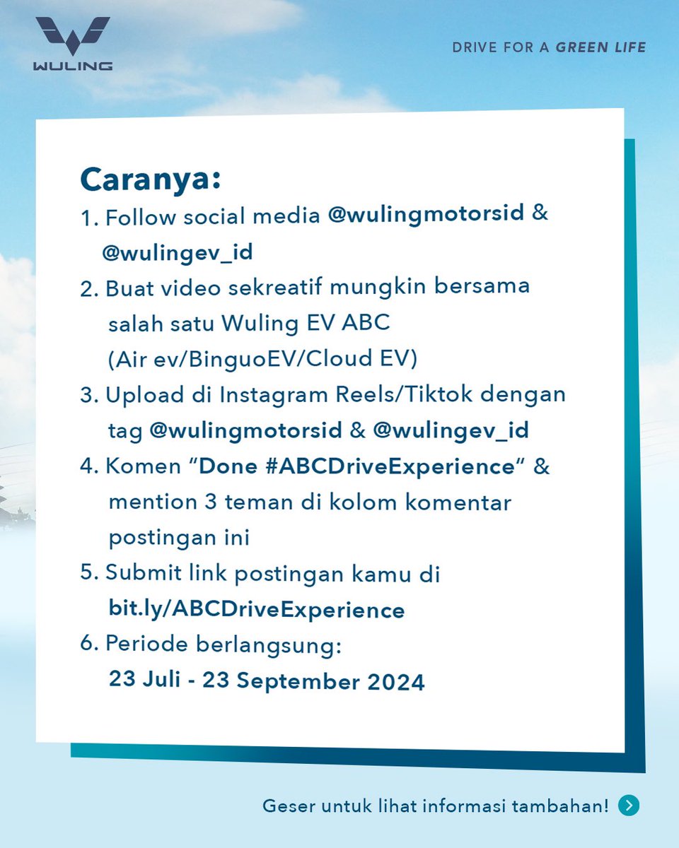 WulingMotorsID's tweet photo. Ini kesempatan kamu bisa liburan GRATIS 3D2N ke Bali 😍

Yuk, ikutan #ABCDriveExperience Video Competition dg bikin video kreatif bersama Wuling EV ABC &amp; post di Reels / Tiktok!

Info lengkap: https://t.co/UtixIRIVS4

#WulingMotors #DriveForABetterLife #DriveForAGreenLife https://t.co/xg7vDE2Beu