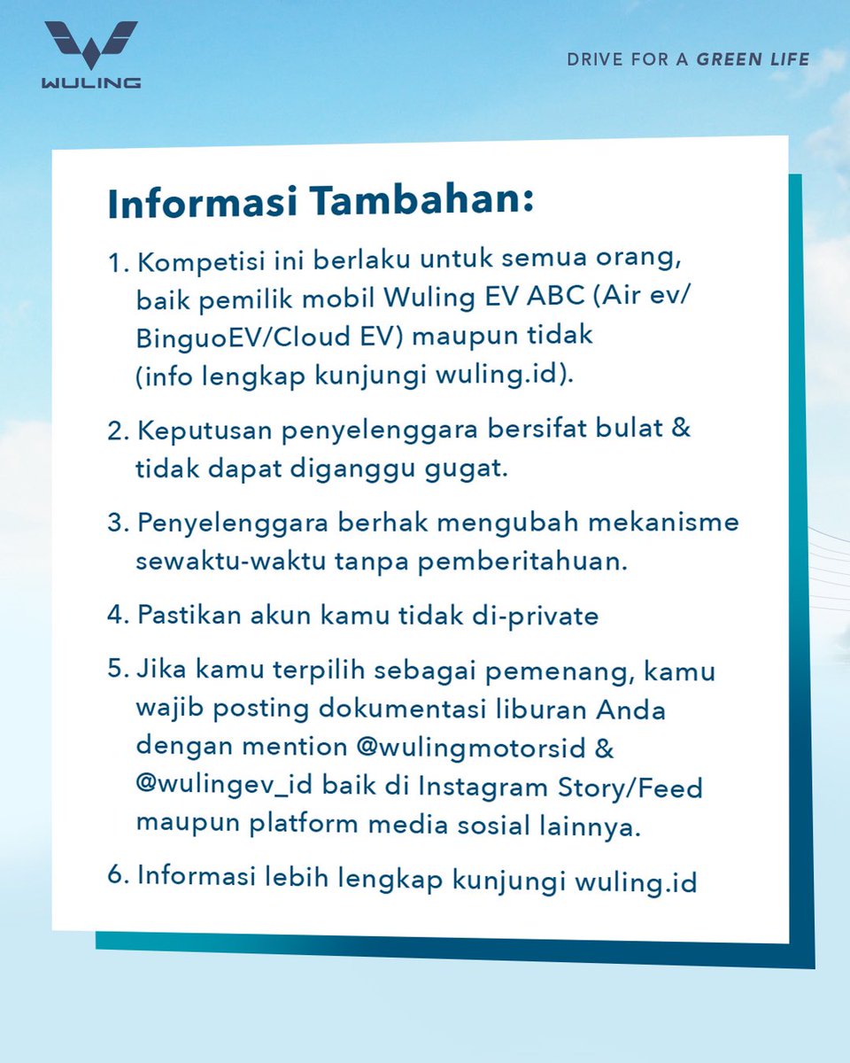 WulingMotorsID's tweet photo. Ini kesempatan kamu bisa liburan GRATIS 3D2N ke Bali 😍

Yuk, ikutan #ABCDriveExperience Video Competition dg bikin video kreatif bersama Wuling EV ABC &amp; post di Reels / Tiktok!

Info lengkap: https://t.co/UtixIRIVS4

#WulingMotors #DriveForABetterLife #DriveForAGreenLife https://t.co/xg7vDE2Beu