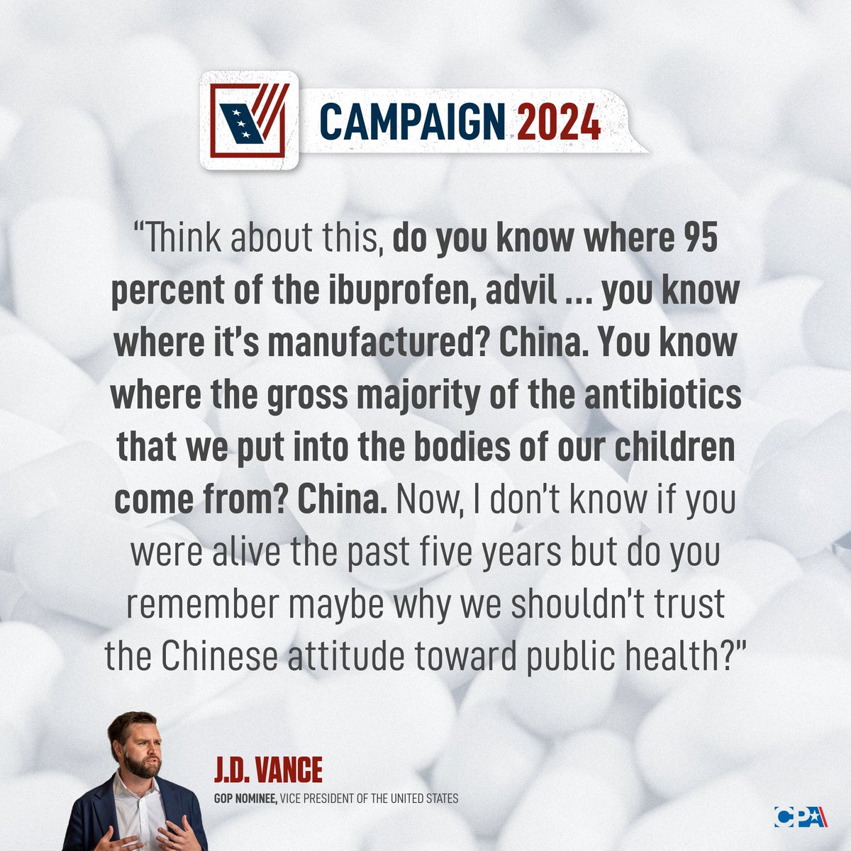 NEW: Republican vice presidential nominee Sen. @JDVance1 (R-OH) sounded the alarm on China making most of the pharmaceuticals used in the United States during a speech in his hometown of Middletown, Ohio, yesterday.

From <a href="/JxhnBxnder/">John</a> ➔ tinyurl.com/bdhej7dx