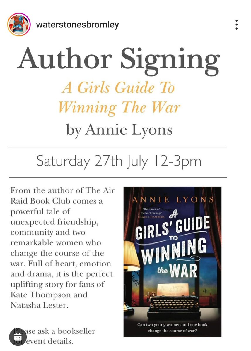 Annie Lyons (@1annielyons) on Twitter photo Dearest south-east London book friends, I shall be signing copies of my new book, A Girls' Guide To Winning The War (out Thursday!) at Waterstones, Bromley this Saturday 27th July between 12 and 3.
Hope to see you there! 📚🖋🩷
<a href="/headlinepg/">Headline Books</a> <a href="/bromleybooks/">Waterstones Bromley</a>
hachette.co.uk/titles/annie-l… Dearest south-east London book friends, I shall be signing copies of my new book, A Girls' Guide To Winning The War (out Thursday!) at Waterstones, Bromley this Saturday 27th July between 12 and 3.
Hope to see you there! 📚🖋🩷
<a href="/headlinepg/">Headline Books</a> <a href="/bromleybooks/">Waterstones Bromley</a>
hachette.co.uk/titles/annie-l…