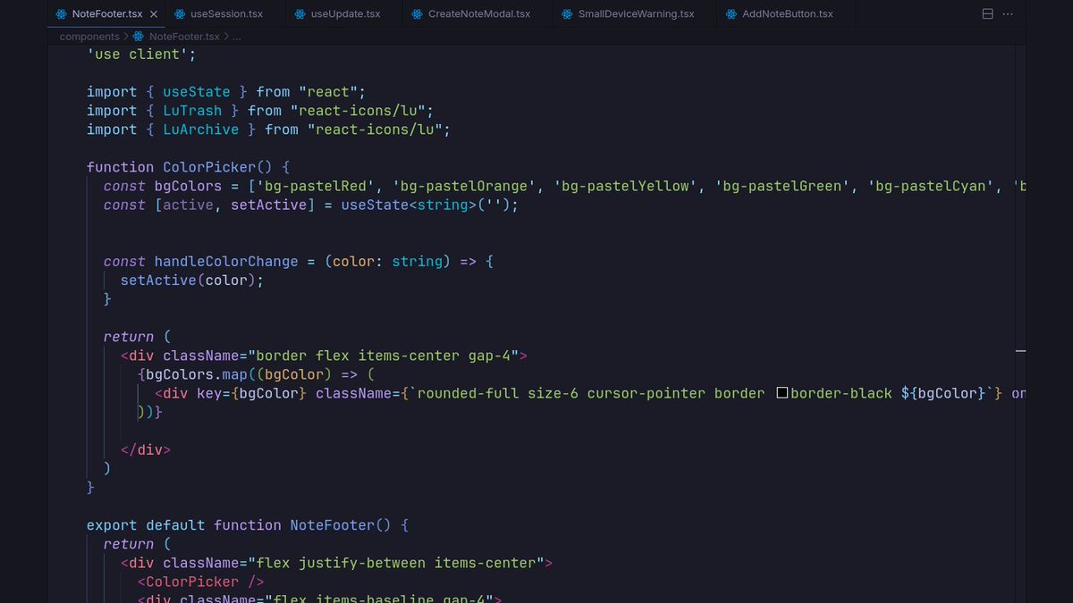 909Vermilion's tweet photo. Notes App
- Added useSession custom hook for logged in user details
- Added create note functionality
- Added logic for hiding navbar on certain routes
- Added note footer note color picker, archive button and delete button

#builldinpublic #Nextjs #Reactjs #typescript #connect https://t.co/4yXRNDApwF