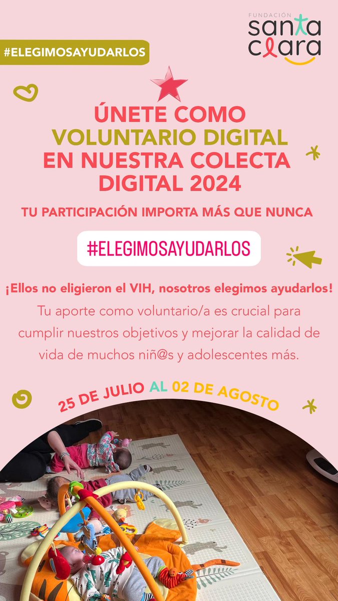 Cada post, cada mensaje y cada valioso segundo que dediques para difundir nuestra colecta y ayudarnos a recaudar lo más que pueda estaremos ayudando a nuestros niños con VIH, para que tengan un futuro más brillante y prometedor.❤️
Únete aquí 

colectasantaclara.donando.cl/voluntarios?fb…