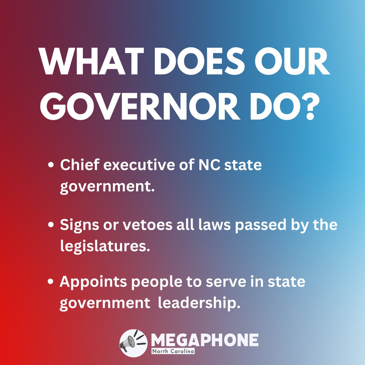 ncapref's tweet image. What Does Our Governor Do? It is essential to know the candidates for Governor: their history, proposals and actions. Your vote can transform our community.
#2024Elections #Governor #ncapref #mobilizeimpactchange #YourVoteCounts #NCMegaphone #NCPol