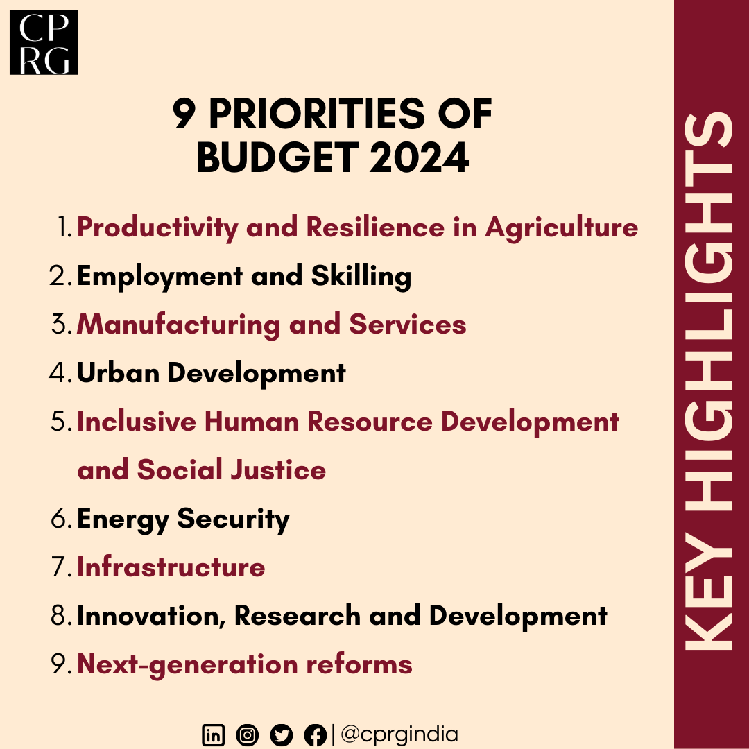 CPRGIndia's tweet photo. Here are the highlights of Union Budget 2024 presented in the Parliament today.
#CPRGIndia #UnionBudget2024 #BudgetWithCPRG
@RamanandDelhi @FinMinIndia https://t.co/X80h4WYDkp