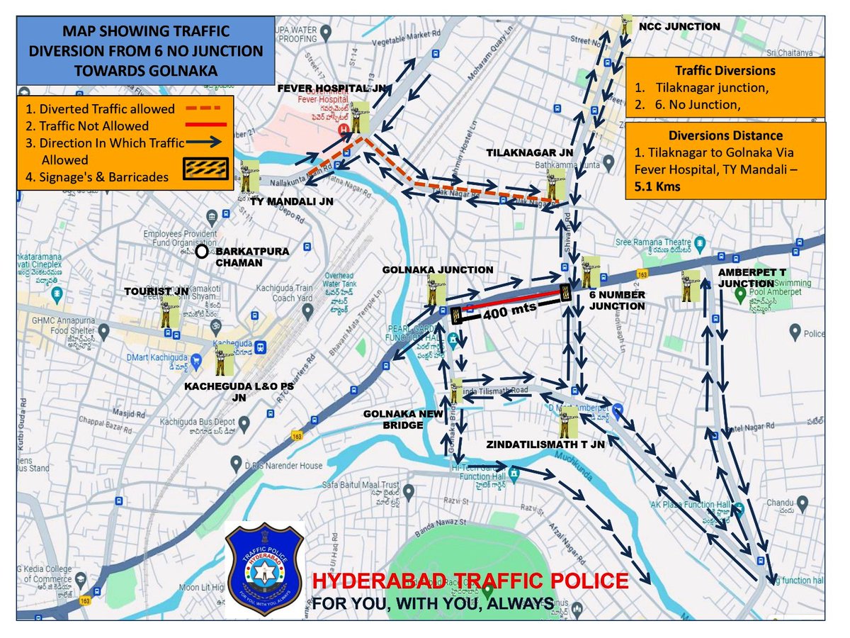 HYDTP's tweet photo. #HYDTPinfo #Notification
Commuters are requested to note the #TrafficDiversions in view of the construction of super structure of the #AmberpetFlyover from 6 No Junction to #Golnaka Jn on NH-163 (Old NH 202) from 24-07-2024 till completion of the work. #TrafficAlert
@AddlCPTrfHyd https://t.co/EAC9VaM1DF