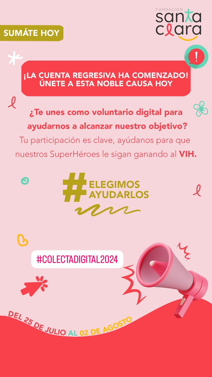 No te pierdas esta hermosa oportunidad de poder ayudar a nuestros niños con VIH en nuestra colecta digital 2024🌟
Súmate a nosotros:

colectasantaclara.donando.cl/voluntarios?fb…