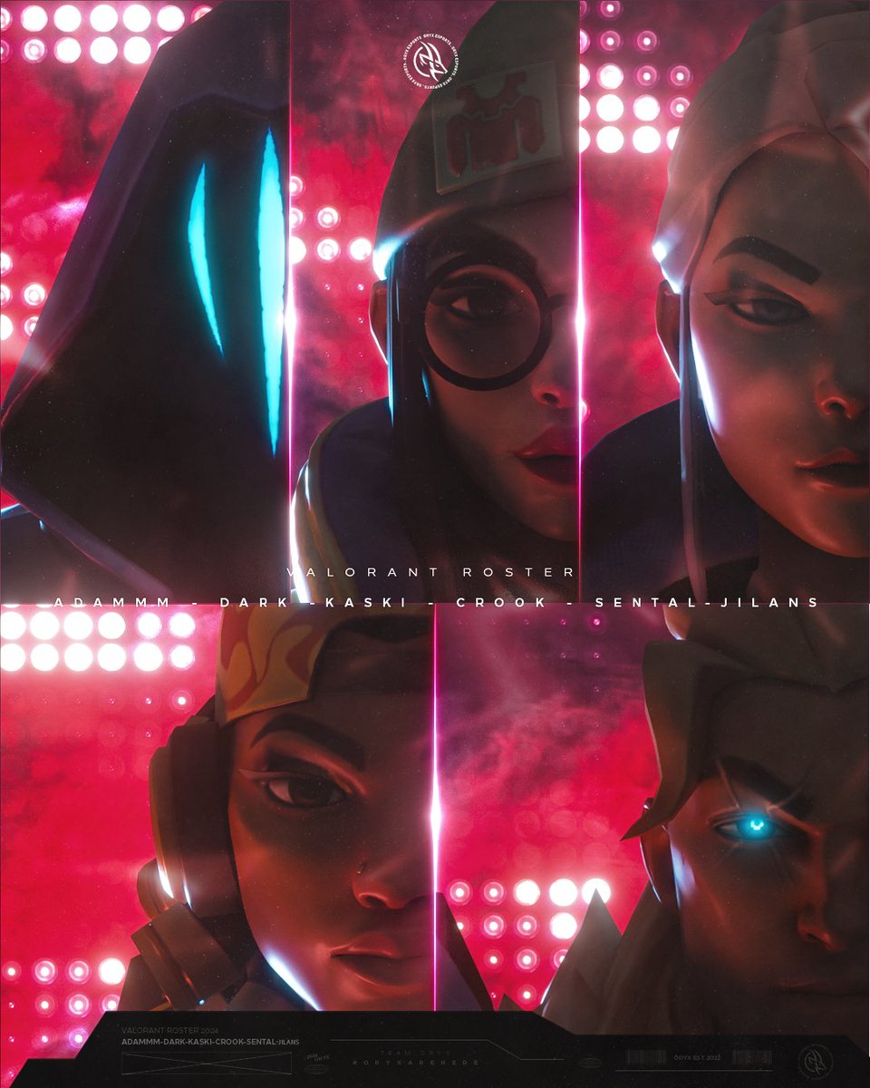 Oryx proudly unveils its dynamic new Valorant roster, today we enter a new challenge. Get ready! 😈

<a href="/adammVAL/">adammm</a>
<a href="/Darkvlrt/">Dark</a>
@kaskination
<a href="/nicoisip_/">crook</a>
<a href="/ssental/">gelo</a>
JiLans

#OryxAreHere | #VALORANT