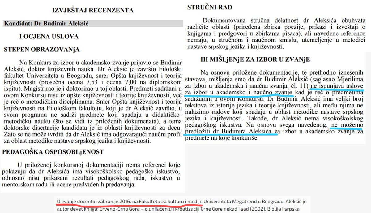2015. nije prošao izbor u zvanje (Bilten UCG broj 353). 2016. izabran u zvanje na Megatrendu. Sad potpredsjednik Vlade za obrazovanje, NAUKU (?) i odnose sa vjerskim zajednicama. Budimir Aleksić (<a href="/nsdcg/">НСД</a>). Nema razloga za stid. Objavite javno radnu biografiju. Da znamo sve o Vama.