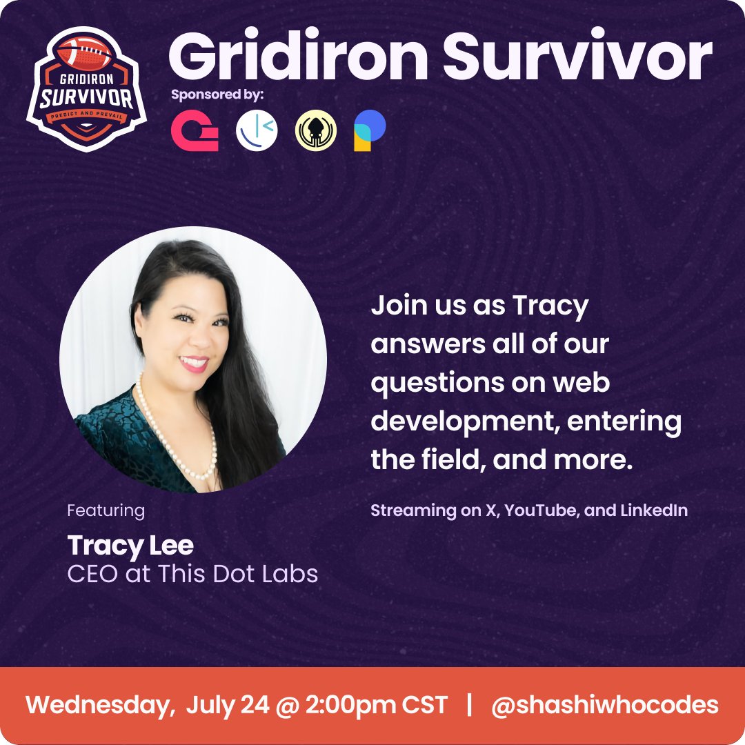 Trying to break into tech? 

Join the Gridiron Survivor team as we discuss several development career topics with <a href="/ladyleet/">Tracy Lee | ladyleet</a>, CEO of <a href="/ThisDotLabs/">This Dot Labs</a>.

Tomorrow, 7/24 @ 2pm CST / 3pm EST.