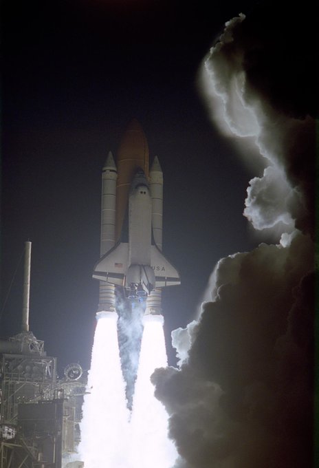 The space shuttle Columbia turns night into day as it lifts off from Launch Pad 39B to begin the five-day STS-93 mission. (Credit: NASA)