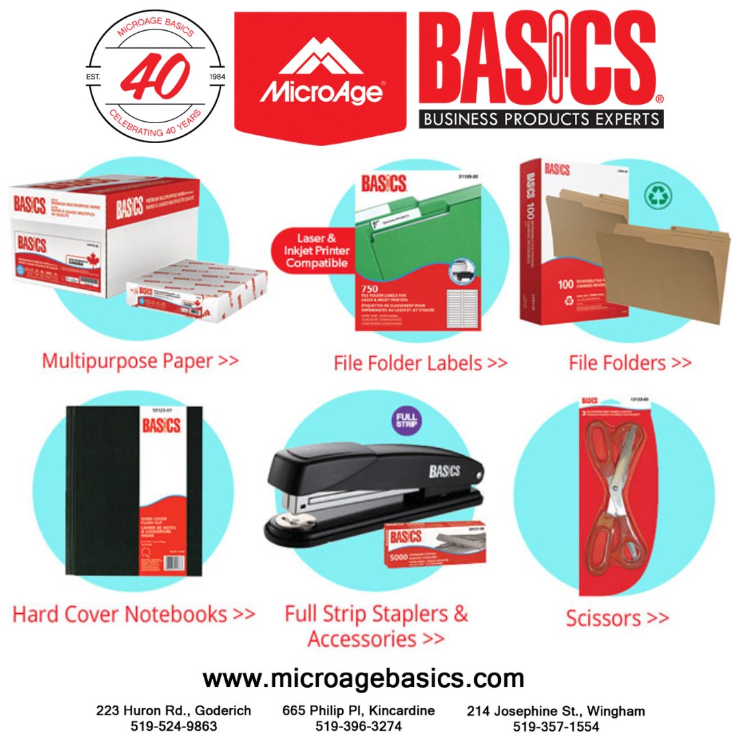 MicroageG's tweet image. All the Basics for a smooth-running business. See us at MicroAge Basics Goderich, Kincardine and Wingham.  #microagebasics #officesupplies #business #basics