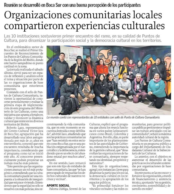 🗞️ Diario <a href="/elsurcl/">Diario El Sur</a> destaca el gran trabajo que desarrollan las organizaciones culturales de base comunitaria. El Programa #PuntosDeCultura, del <a href="/culturas_cl/">Ministerio de las Culturas</a> apunta a reconocer la trayectoria de estas agrupaciones, profesionalizar su gestión y hacerla sostenible en el tiempo. 👇