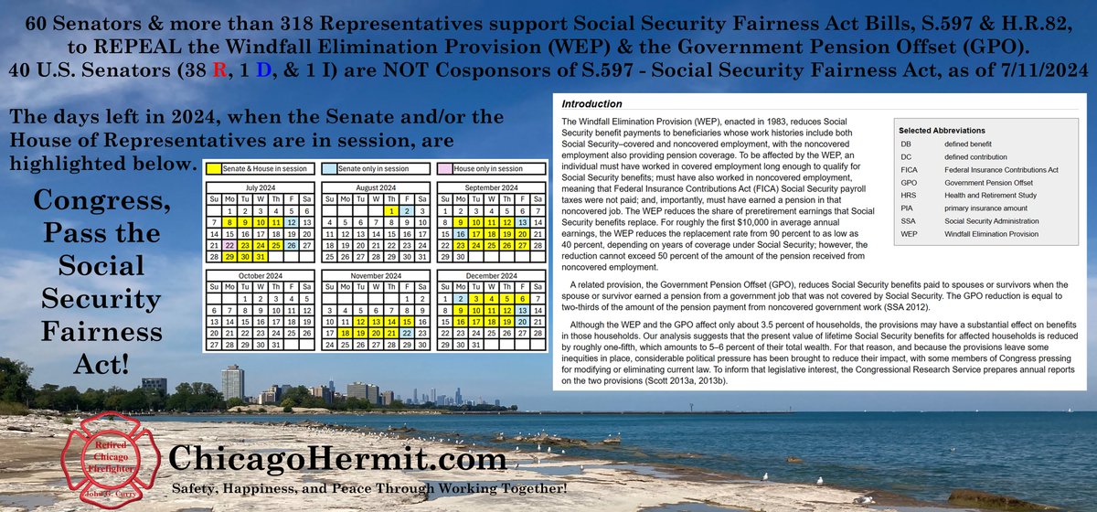 JohnGCurry's tweet photo. I will continue my efforts to get #Congress to pass the #SocialSecurity Fairness Act, S.597 or H.R.82, to #RepealWEPGPO . And I'll continue my efforts to help millions/billions of people, #Americans / #NonAmericans , #Unite and learn how to #WorkTogether well. #WorldPeace !
But it's time for me to sit back and watch the socioeconomic ridiculousness circus, until after the 2024 Democratic National Convention, in Chicago (August 19-22). Exposure to toxic selfishness sucks! So, I'll be limiting my exposure, using a strategy that I learned as a Chicago firefighter: TIME, DISTANCE, and SHIELDING. Good luck out there in the real world! -gw