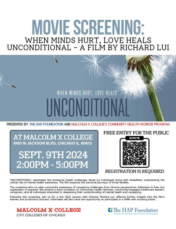 Upcoming event alert! You won't want to miss the free screening of "Unconditional" - 2-5 PM on Sept 9 at Malcom X College. 

Register today - can't wait to see you there!
