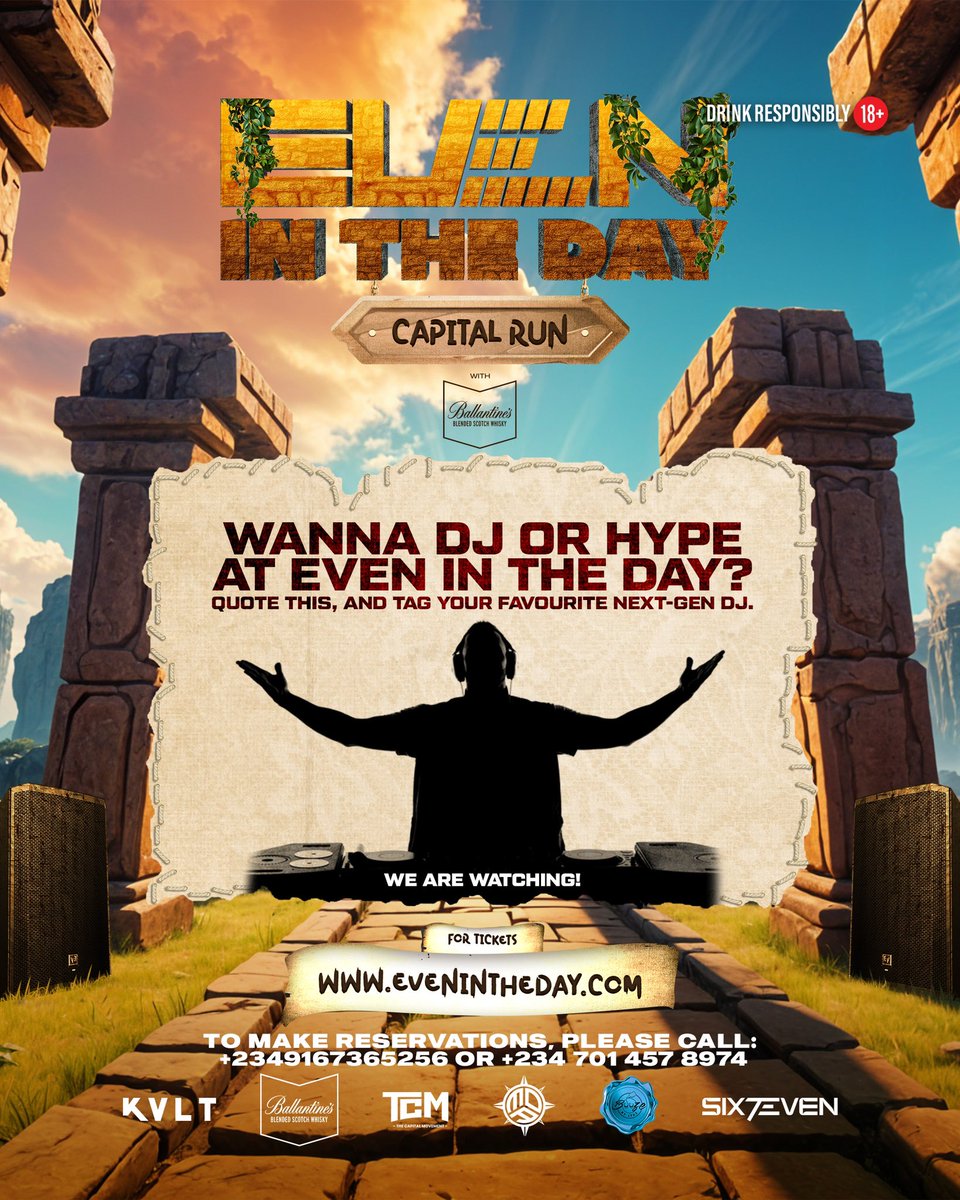 evenintheday's tweet photo. 📣Calling all DJs/Hypemen in Abuja!!
Want to rock the stage at Capital Run this Saturday? Or know someone who does? Quote this tweet & tag them between now and 10am tomorrow!!
We’ll be watching👀
#ballantinesng #ballantinesxevenintheday #capitalcity #capitalrun #evenintheday https://t.co/6JTY321lC6