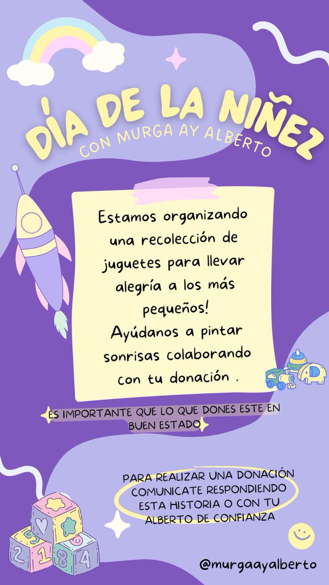 BUENOS Y NUBLADOS DÍAS !
Una vez más la murga pide de su colaboración .
Si tenes juguetes en BUEN ESTADO avísanos que nosotrxs lo vamos a buscar y sino, compartiendo ya estás ayudando un montón ❤️‍🩹 
¡Gracias !