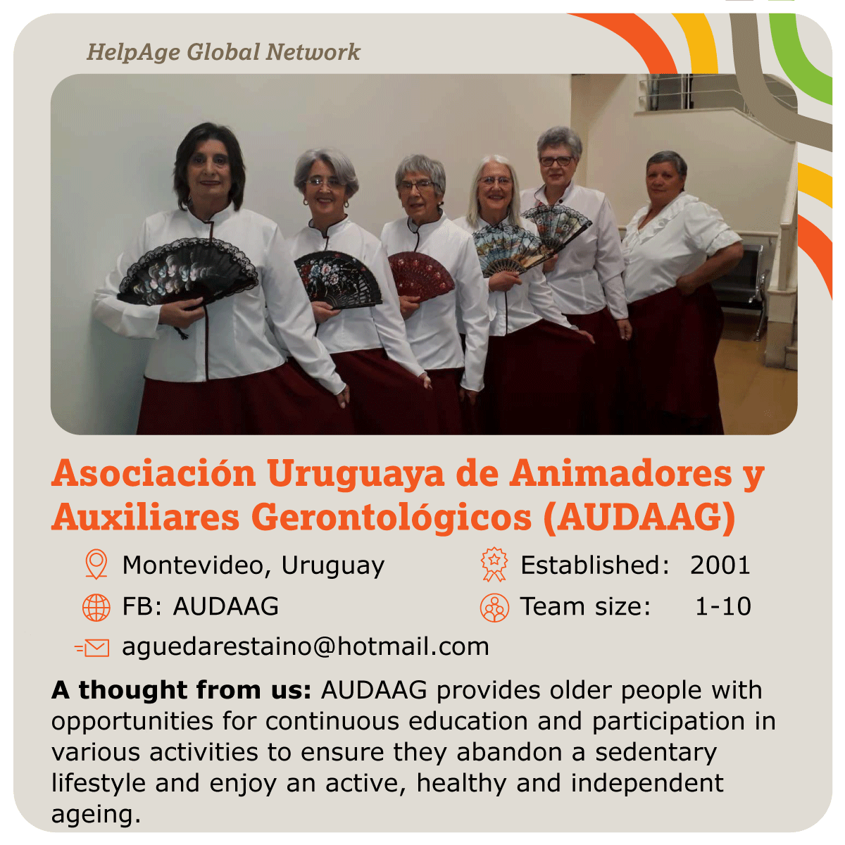HelpAge's tweet photo. 🌍 Discover #HelpAgeNetwork member: Asociacion Uruguaya de Animadores y Auxiliares Gerontologicos (AUDAAG) 🇺🇾
Follow us for more #HelpAgeNetwork cards and collect them all!
#partnerships https://t.co/TueGbxa6tM