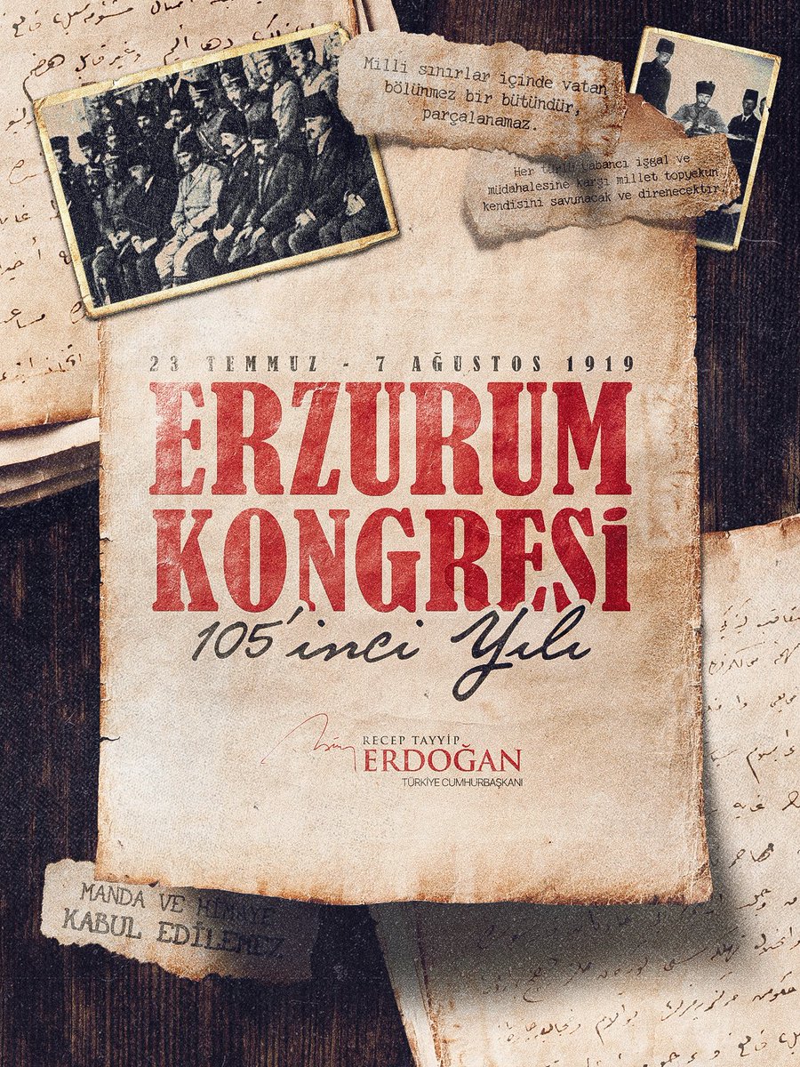 Erzurum Kongresi’nin 105'inci yıl dönümünde, başta Gazi Mustafa Kemal olmak üzere, bağımsızlık mücadelemizin tüm kahramanlarını saygı ve minnetle yâd ediyor, tüm vatandaşlarımı en kalbî duygularımla selamlıyorum. tccb.gov.tr/basin-aciklama…
