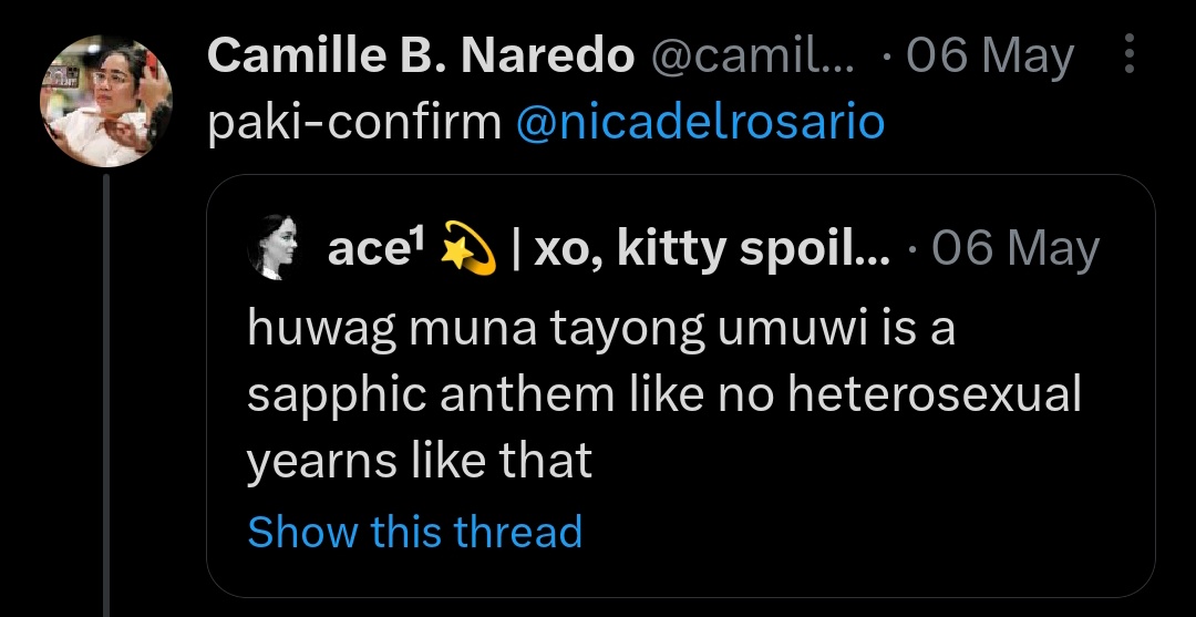 sapphocine's tweet photo. everybody say thank you miss nica for the sapphic anthem, huwag muna tayong umuwi!!! https://t.co/sMgjZNtDnR
