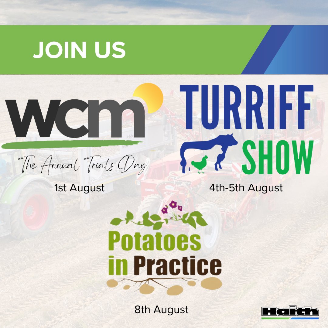 Haith Group (@haithgroup) on Twitter photo It's officially event season & we're exhibiting at 3 in the coming weeks!
📆 1 Aug <a href="/wcmpots/">Whole Crop Marketing</a>'s Annual Trial Day. Discuss potato handling.
📆 4, 5 Aug <a href="/turriffshow/">Turriff Show</a>. On the CC Powell stand.
📆 8 Aug Potatoes In Practice. <a href="/JamesHuttonInst/">James Hutton Institute</a>.
👉 bit.ly/3W6rIx2 It's officially event season & we're exhibiting at 3 in the coming weeks!
📆 1 Aug <a href="/wcmpots/">Whole Crop Marketing</a>'s Annual Trial Day. Discuss potato handling.
📆 4, 5 Aug <a href="/turriffshow/">Turriff Show</a>. On the CC Powell stand.
📆 8 Aug Potatoes In Practice. <a href="/JamesHuttonInst/">James Hutton Institute</a>.
👉 bit.ly/3W6rIx2
