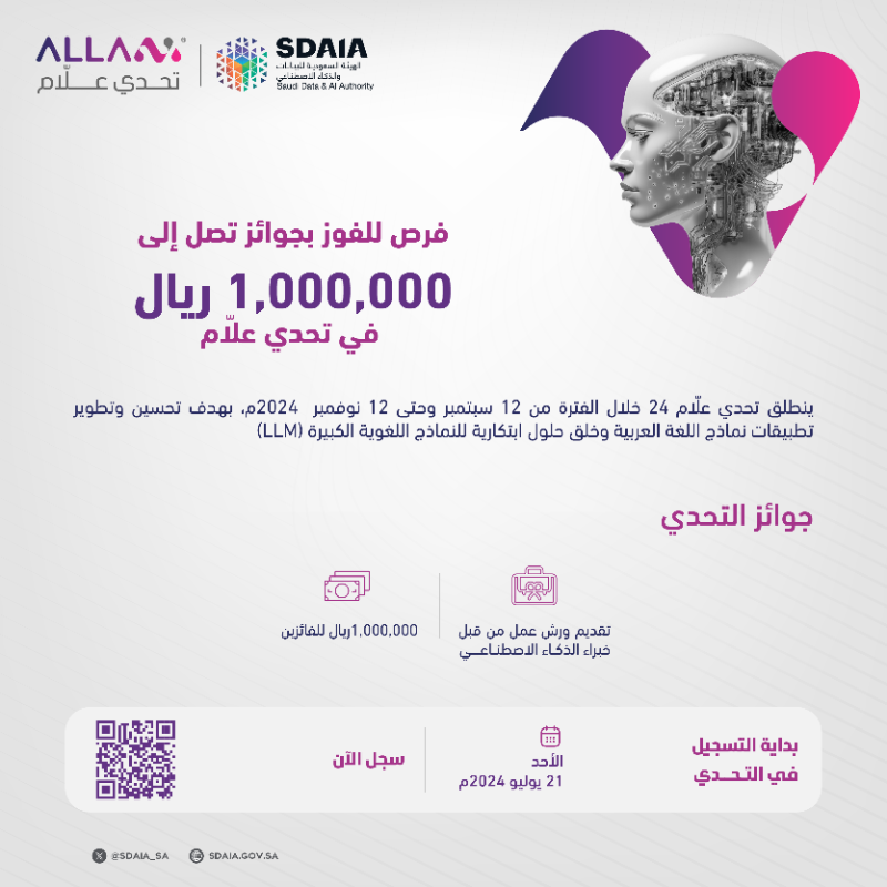 SDAIA_SA's tweet photo. 1,000,000 ريال بانتظار الفائزين في #تحدي_علّام
من #سدايا 
سجل الآن!
https://t.co/WwMvSZnc9k