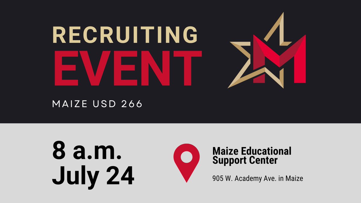 maize266's tweet photo. We need you! Attend our 8 a.m. July 24 Recruitment Event to learn about part-time &amp; full-time positions that make a huge difference in the lives of our students. Plus, the Maize Board of Education recently approved pay increases for all positions!

#MaizeFamily
#266Success https://t.co/fJK79ZyLUj