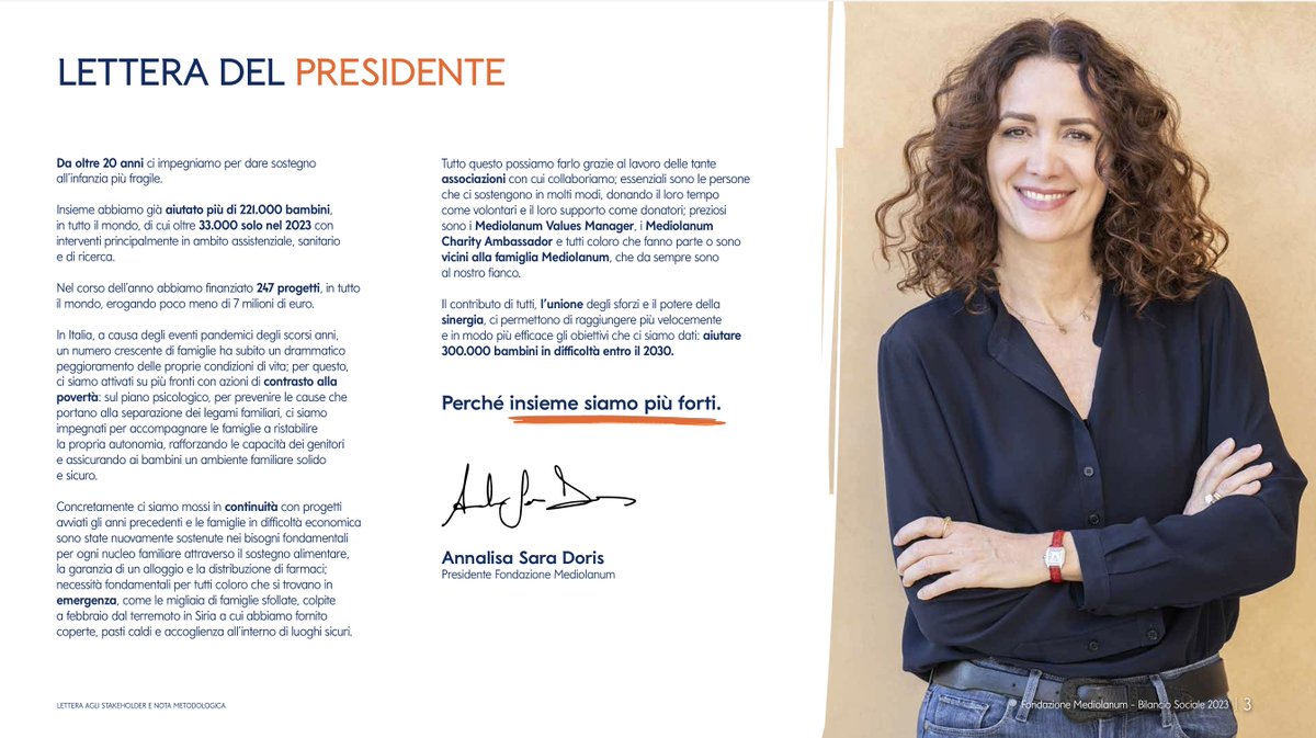 "Il contributo di tutti ci permette di raggiungere più velocemente gli obiettivi che ci siamo dati. 𝐏𝐞𝐫𝐜𝐡𝐞́ #𝐢𝐧𝐬𝐢𝐞𝐦𝐞 𝐬𝐢𝐚𝐦𝐨 𝐩𝐢𝐮̀ 𝐟𝐨𝐫𝐭𝐢."
Leggi la lettera del Presidente di #FondazioneMediolanum Sara Doris nel #BilancioSociale '23 > fmed.it/BS23