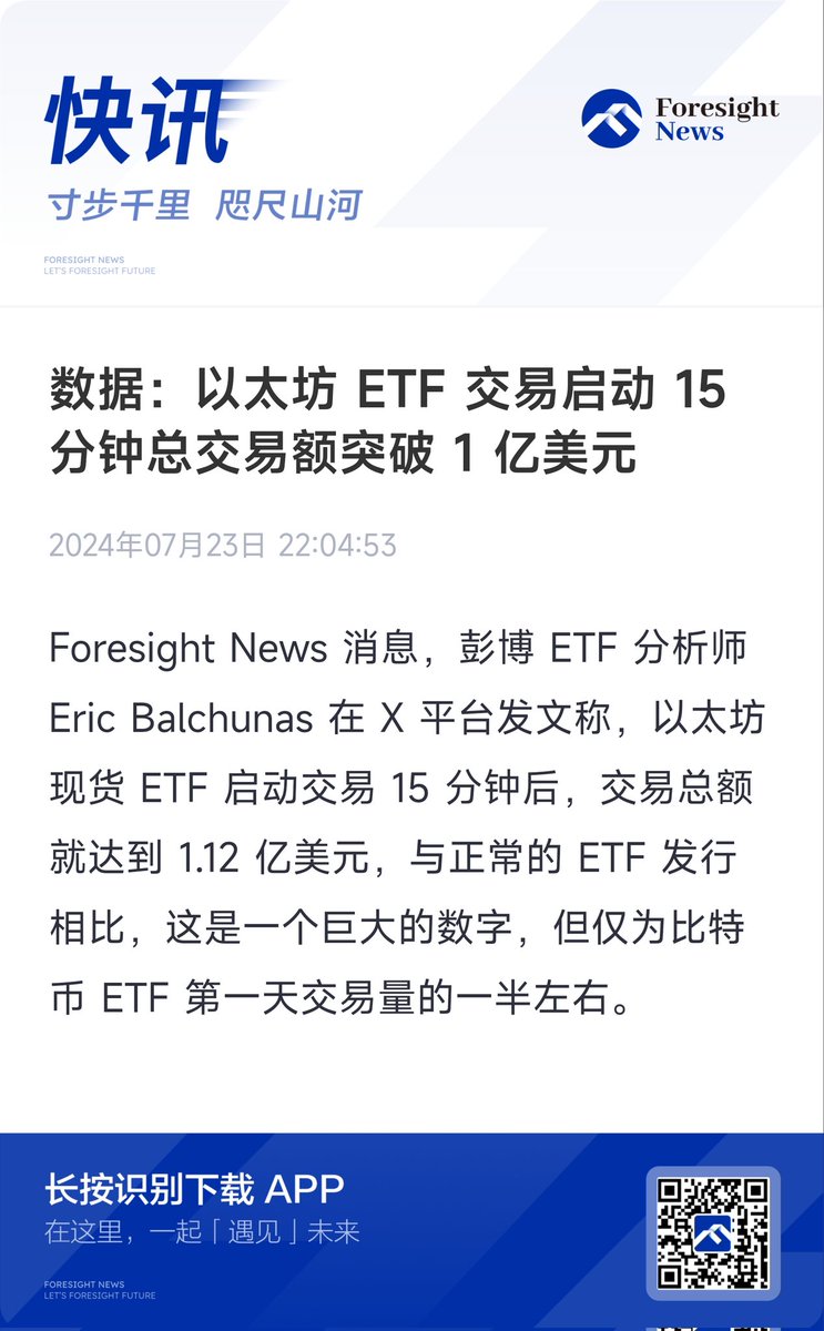Foresight_News's tweet photo. 【数据：以太坊 ETF 交易启动 15 分钟总交易额突破 1 亿美元】

开盘 15 分钟就达到比特币 ETF 第一天交易量的一半了，好像还行？🤔 https://t.co/sQQmBElwC8