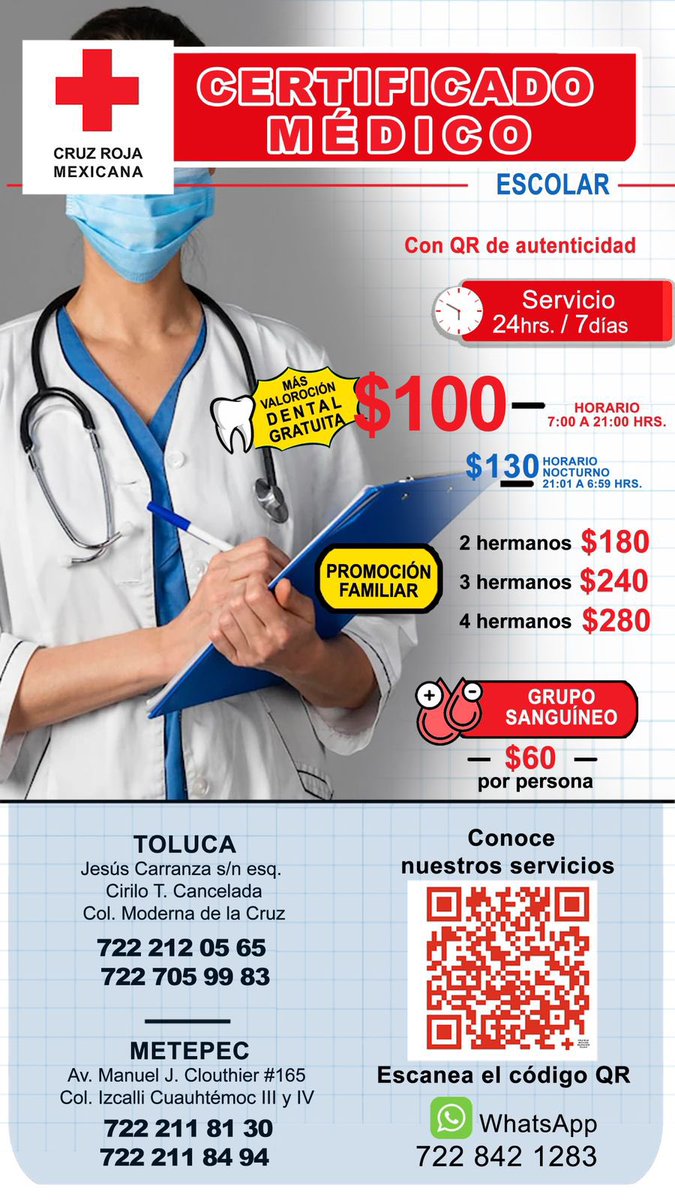 Para evitar la falsificación de Certificados Médicos que emite la Cruz Roja en Toluca y Metepec les hemos incorporado candados de seguridad entre los que destaca un código QR que al leerlo resuelve datos de la persona a quien se le expidió el documento, la fecha e info del médico