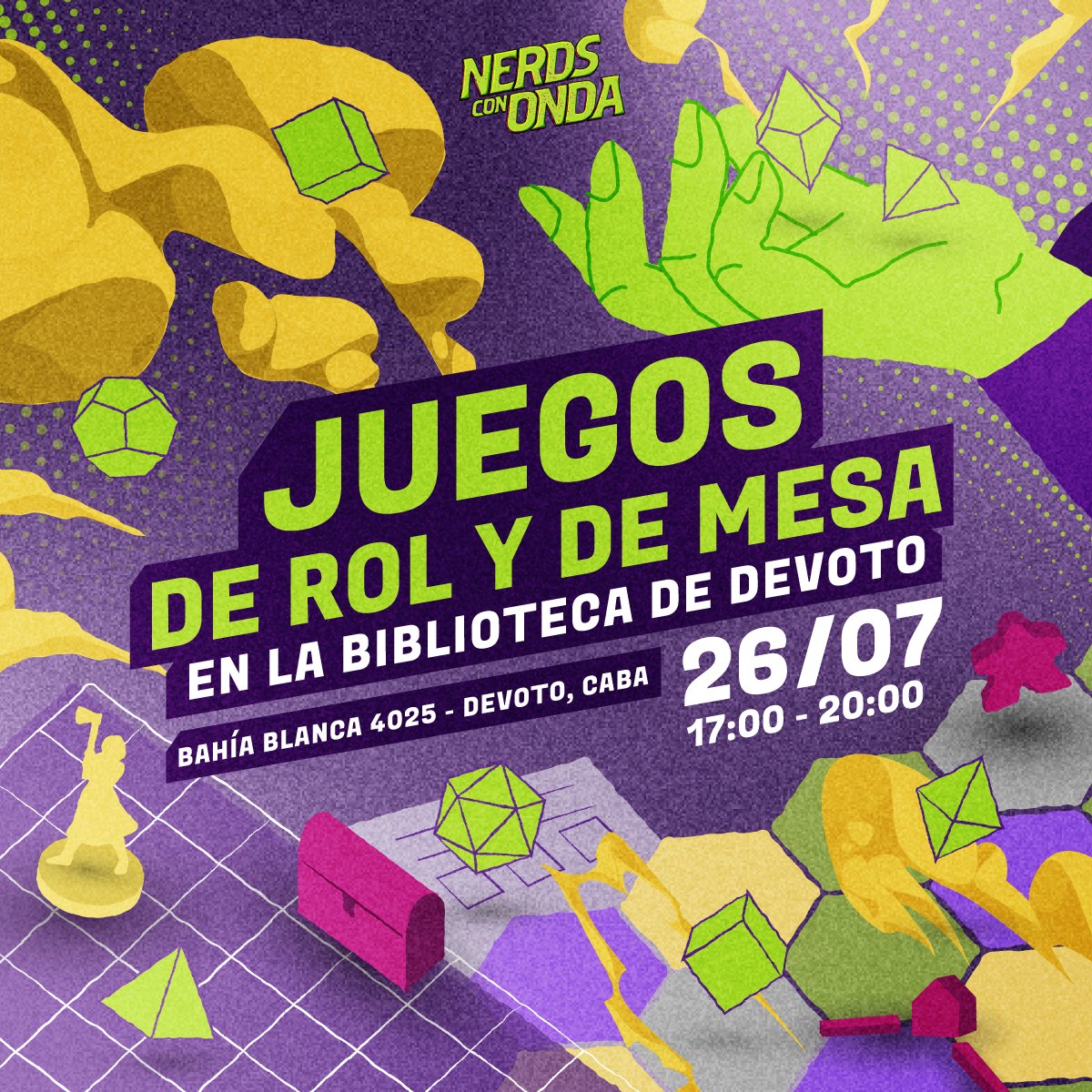 ¡Se viene el evento lúdico del año! Vamos a tener one shots, partidas de 15 minutos para los que nunca probaron los juegos de rol y muchos juegos de mesa.

📍 Biblioteca de Devoto - Bahía Blanca 4025, Devoto, CABA.
📅 26/07 - de 17:00 a 20:00
Entrada libre y gratuita